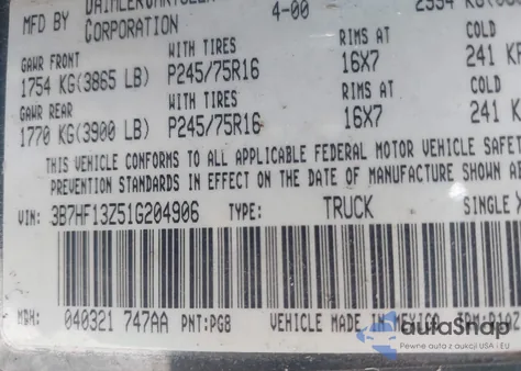2001 Dodge Ram 1500 St z USA, uszkodzony, nr VIN 3B7HF13Z51G204906